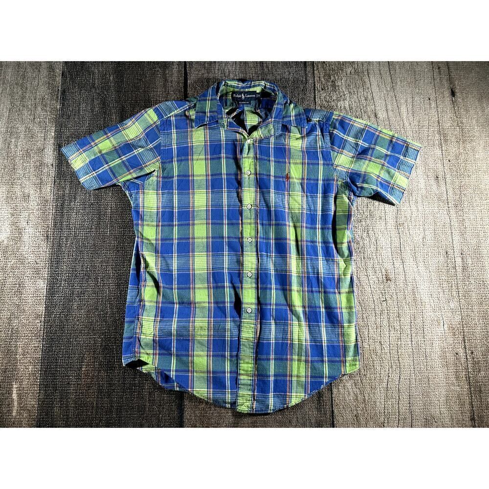 Ralph Lauren Classic Fit Short Sleeve Shirt Mens Med Polo Plaid Green Blue Polo